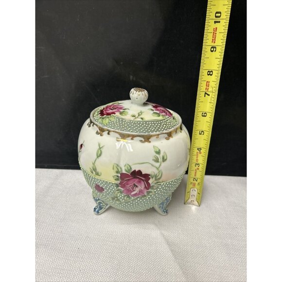 Antique Nippon Cabbage Rose Floral Lidded Footed Biscuit Jar Hand Painted - Picture 2 of 7